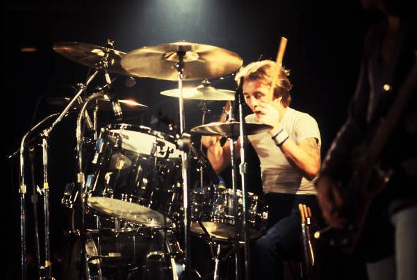 Australian rock group AC/DC performs at the Aragon Ballroom, Chicago, Illinois, September 22, 1978. Pictured is Phil Rudd. (Photo by Paul Natkin/Getty Images)